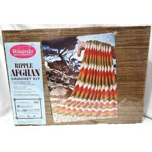 WonderArt RIPPLE AFGHAN Crochet Craft Kit #2028 VTG 1970s green orange gold yarn